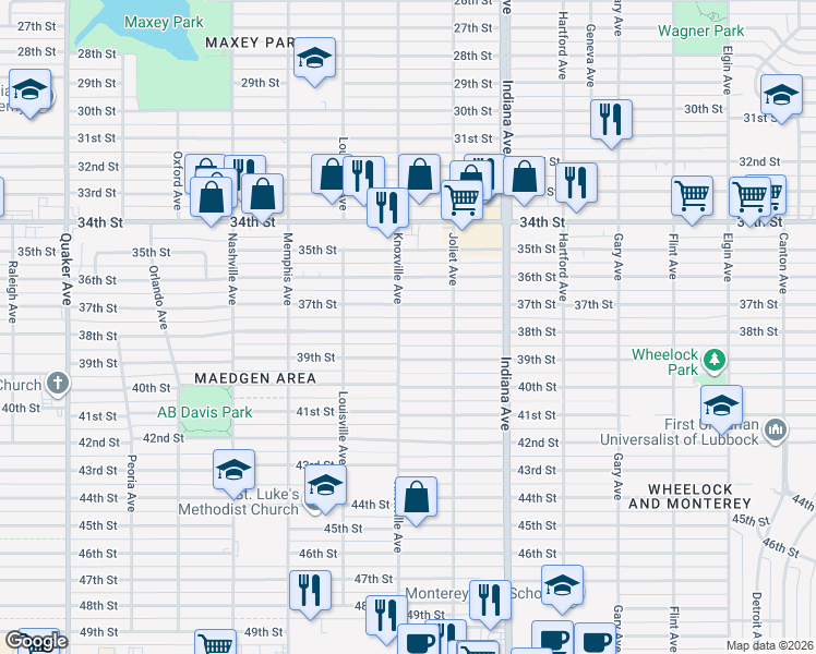 map of restaurants, bars, coffee shops, grocery stores, and more near 3519 38th Street in Lubbock