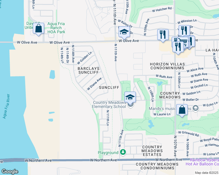 map of restaurants, bars, coffee shops, grocery stores, and more near 8523 North 112th Avenue in Peoria