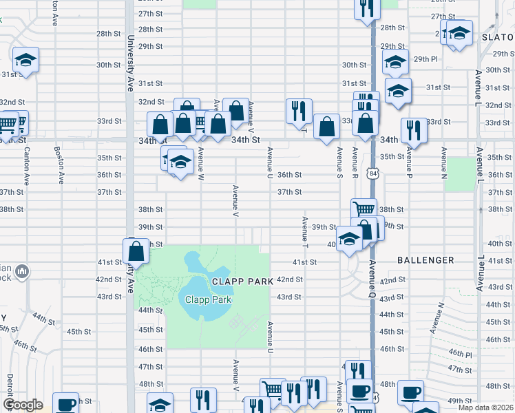 map of restaurants, bars, coffee shops, grocery stores, and more near 2101 38th Street in Lubbock