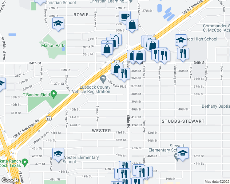 map of restaurants, bars, coffee shops, grocery stores, and more near 5308 38th Street in Lubbock