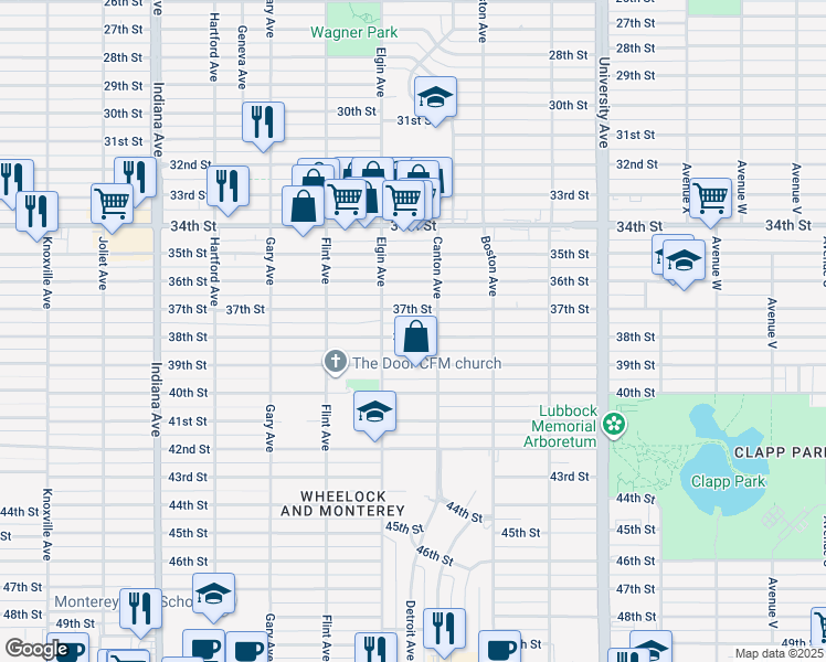 map of restaurants, bars, coffee shops, grocery stores, and more near 2810 38th Street in Lubbock