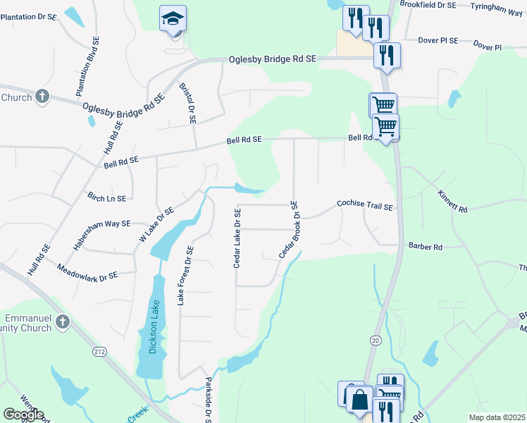 map of restaurants, bars, coffee shops, grocery stores, and more near 808 Greenwood Trail Southeast in Conyers