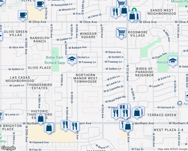 map of restaurants, bars, coffee shops, grocery stores, and more near 5325 West Butler Drive in Glendale