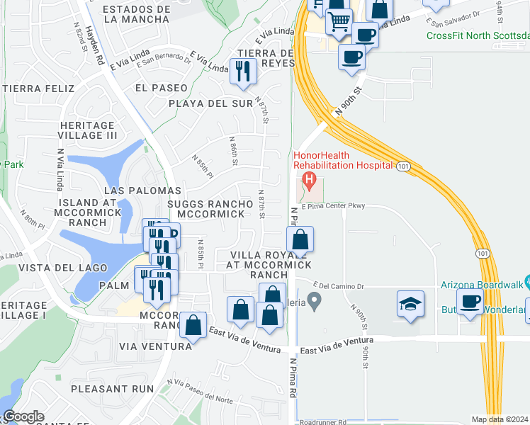 map of restaurants, bars, coffee shops, grocery stores, and more near 8702 East San Daniel Drive in Scottsdale