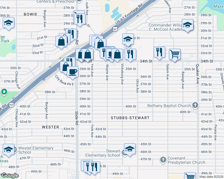 map of restaurants, bars, coffee shops, grocery stores, and more near 4919 38th Street in Lubbock