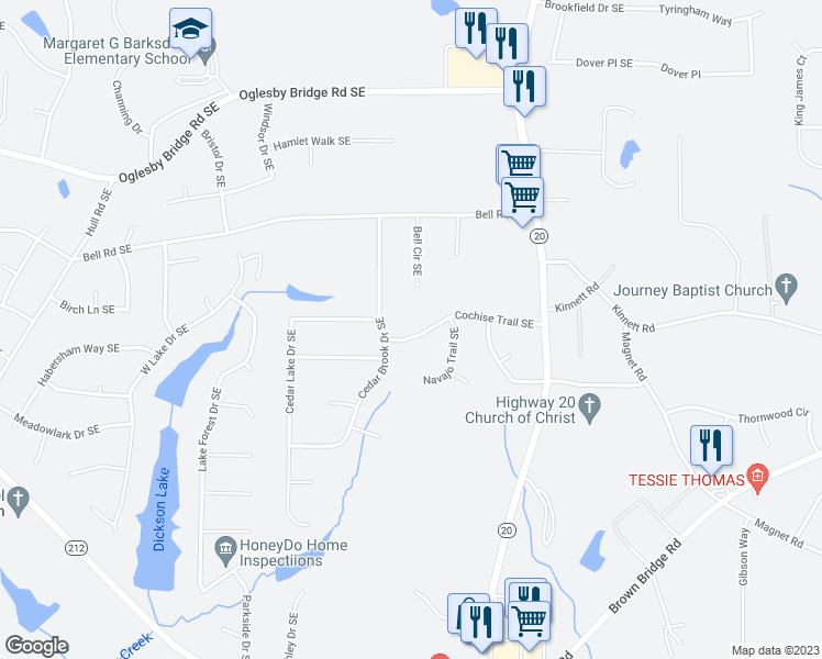 map of restaurants, bars, coffee shops, grocery stores, and more near 838 Cochise Trail Southeast in Conyers