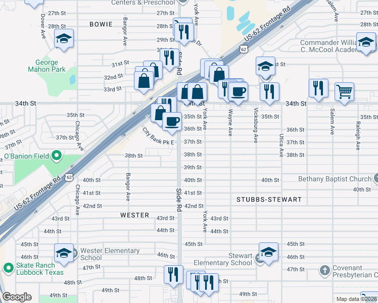 map of restaurants, bars, coffee shops, grocery stores, and more near 5121 38th Street in Lubbock