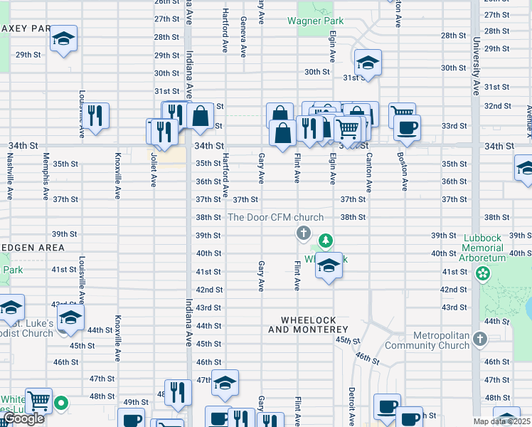 map of restaurants, bars, coffee shops, grocery stores, and more near 3117 38th Street in Lubbock