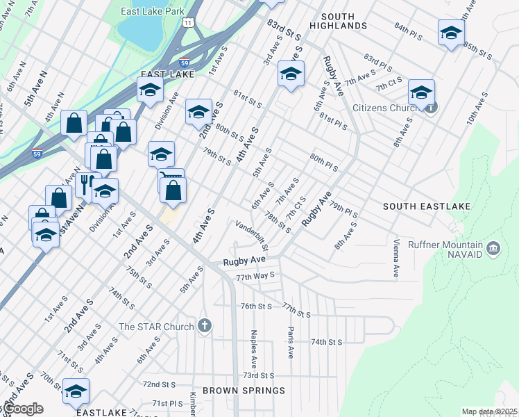 map of restaurants, bars, coffee shops, grocery stores, and more near 78th Street South in Birmingham