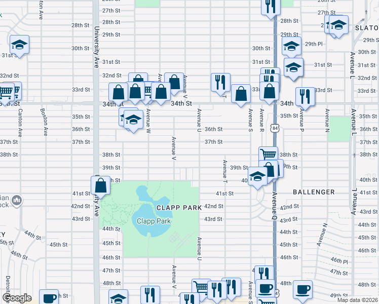 map of restaurants, bars, coffee shops, grocery stores, and more near 2101 38th Street in Lubbock