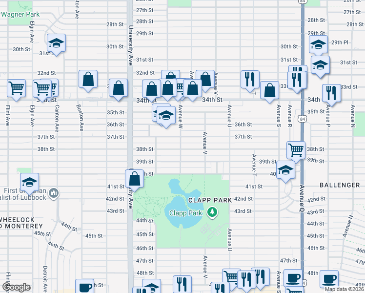 map of restaurants, bars, coffee shops, grocery stores, and more near 2303 38th Street in Lubbock
