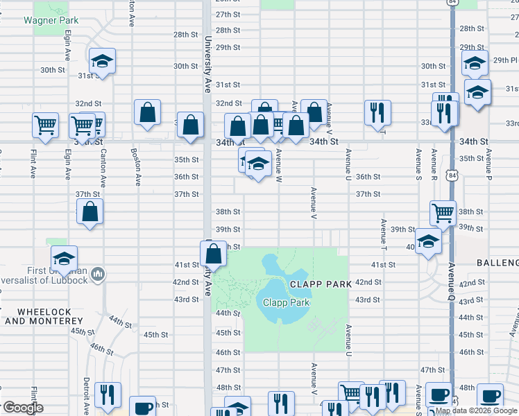 map of restaurants, bars, coffee shops, grocery stores, and more near 2325 38th Street in Lubbock