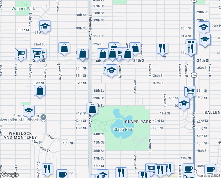 map of restaurants, bars, coffee shops, grocery stores, and more near 2325 38th Street in Lubbock