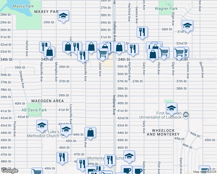 map of restaurants, bars, coffee shops, grocery stores, and more near 3409 38th Street in Lubbock