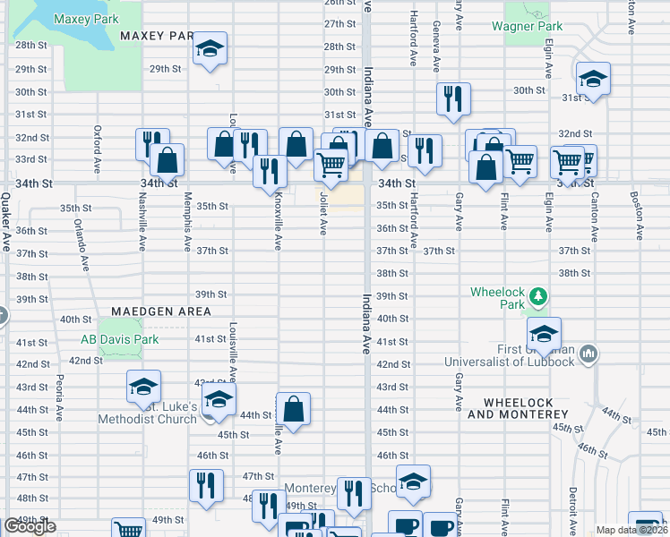 map of restaurants, bars, coffee shops, grocery stores, and more near 3409 38th Street in Lubbock