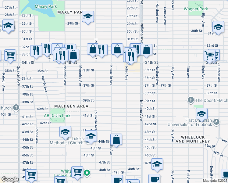map of restaurants, bars, coffee shops, grocery stores, and more near 3519 38th Street in Lubbock