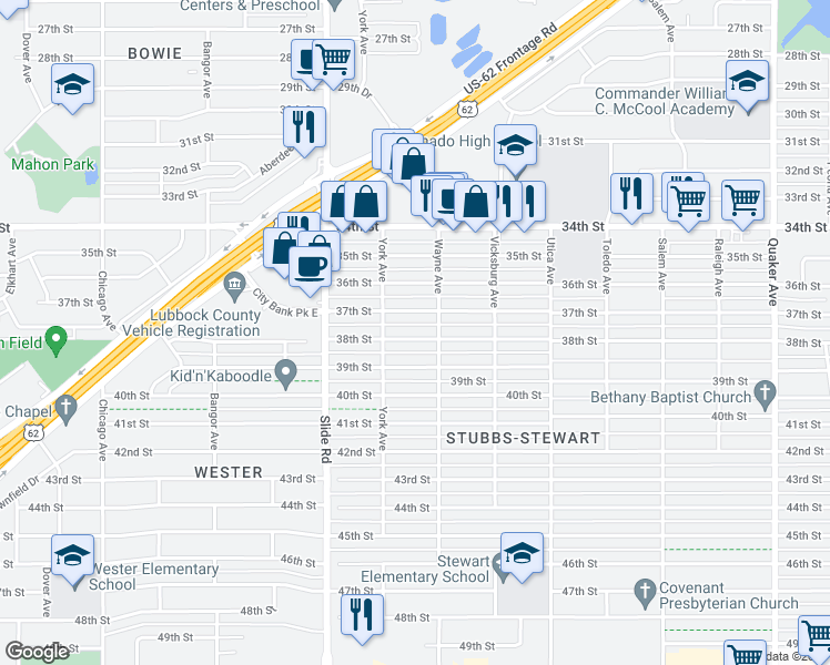 map of restaurants, bars, coffee shops, grocery stores, and more near 5009 38th Street in Lubbock
