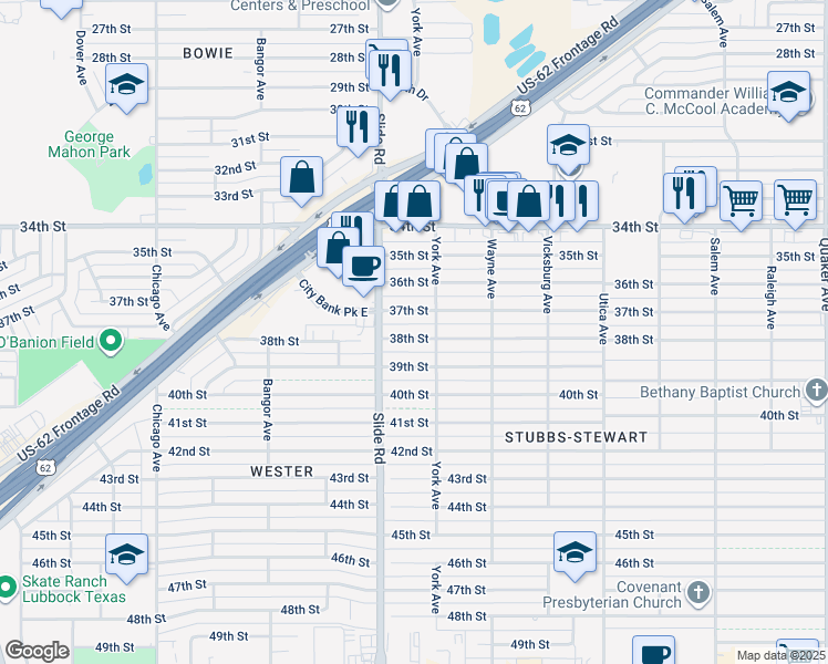 map of restaurants, bars, coffee shops, grocery stores, and more near 5101 38th Street in Lubbock