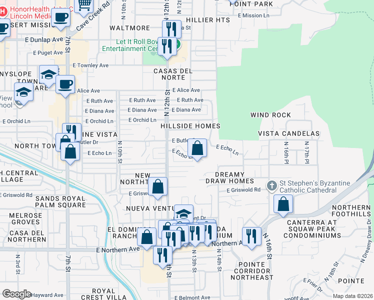 map of restaurants, bars, coffee shops, grocery stores, and more near 1246 East Echo Lane in Phoenix