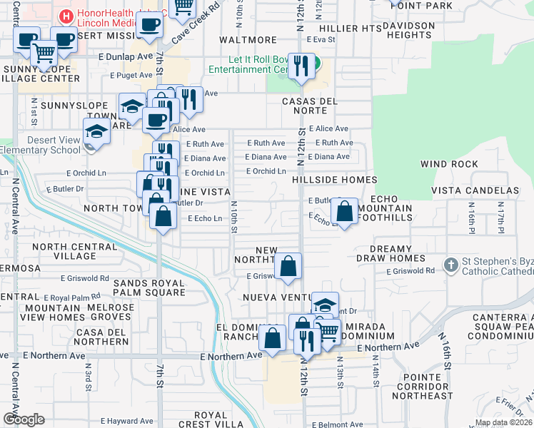 map of restaurants, bars, coffee shops, grocery stores, and more near 1039 East Butler Drive in Phoenix