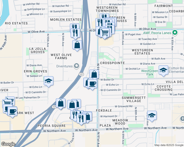 map of restaurants, bars, coffee shops, grocery stores, and more near 8610 North 91st Avenue in Peoria