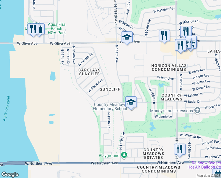 map of restaurants, bars, coffee shops, grocery stores, and more near 8523 North 112th Avenue in Peoria