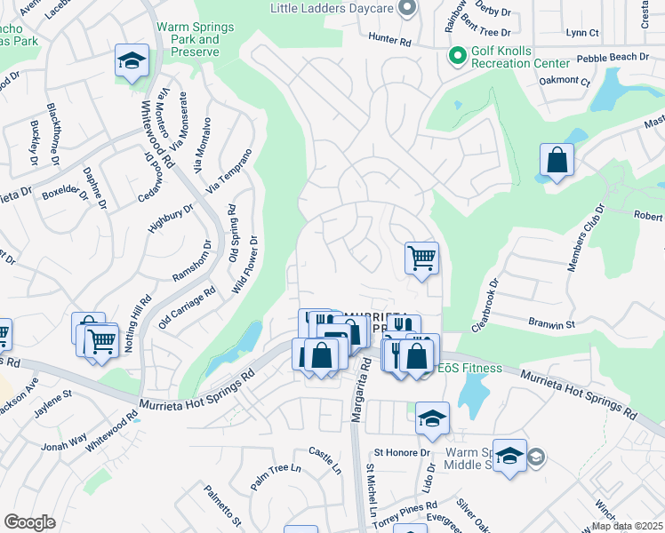 map of restaurants, bars, coffee shops, grocery stores, and more near 38655 Calle De La Siesta in Murrieta