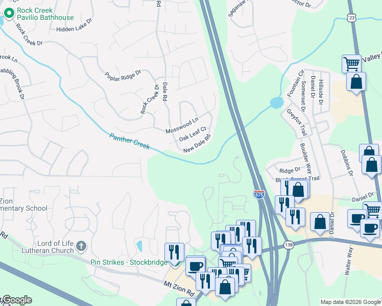 map of restaurants, bars, coffee shops, grocery stores, and more near 7137 New Dale Road in Rex
