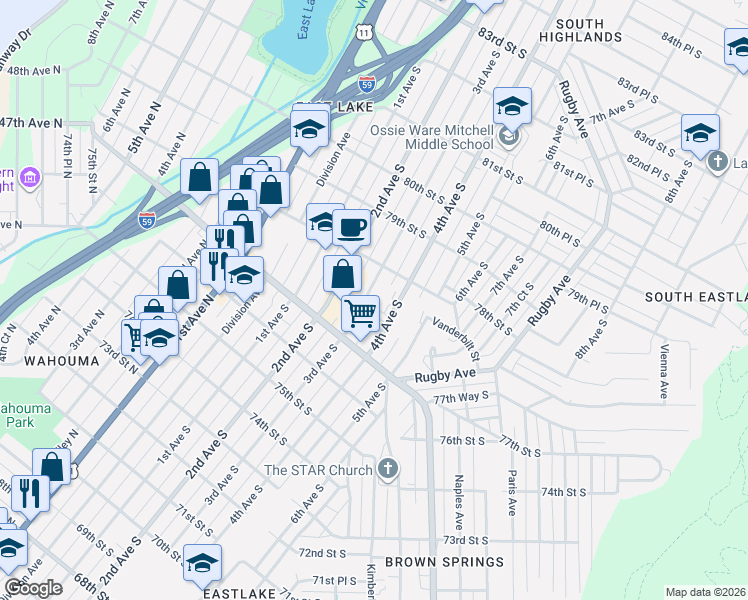map of restaurants, bars, coffee shops, grocery stores, and more near 7741 3rd Avenue South in Birmingham