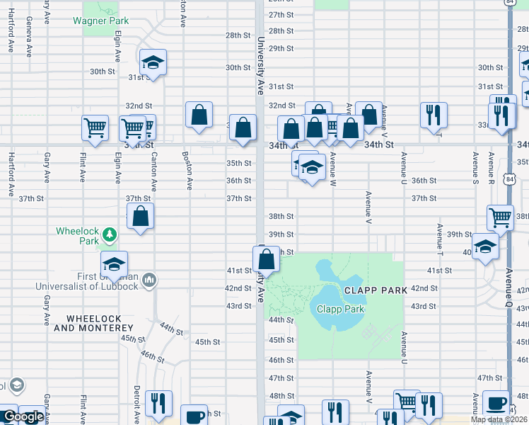 map of restaurants, bars, coffee shops, grocery stores, and more near 2420 38th Street in Lubbock