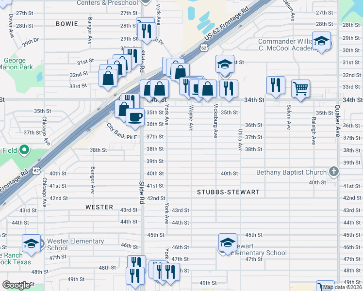 map of restaurants, bars, coffee shops, grocery stores, and more near 5009 38th Street in Lubbock