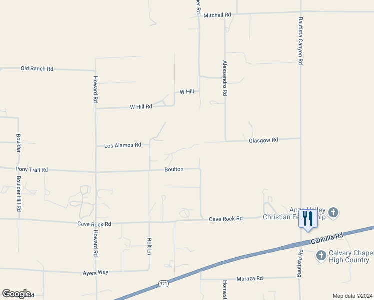 map of restaurants, bars, coffee shops, grocery stores, and more near 38640 Fisher Road in Anza