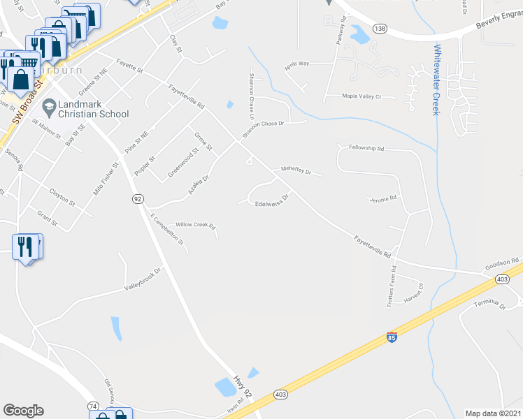 map of restaurants, bars, coffee shops, grocery stores, and more near 70 Edelweiss Drive in Fairburn
