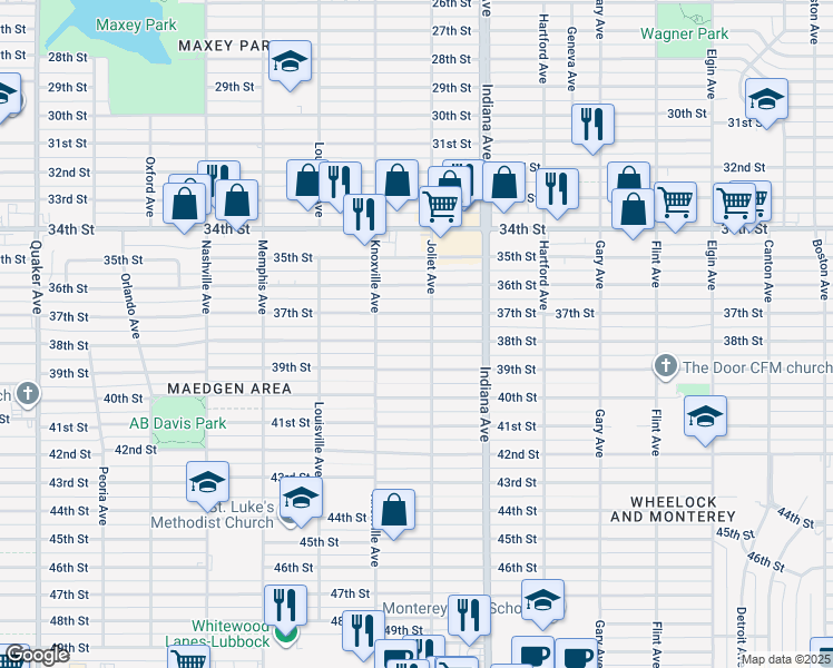 map of restaurants, bars, coffee shops, grocery stores, and more near 3506 38th Street in Lubbock