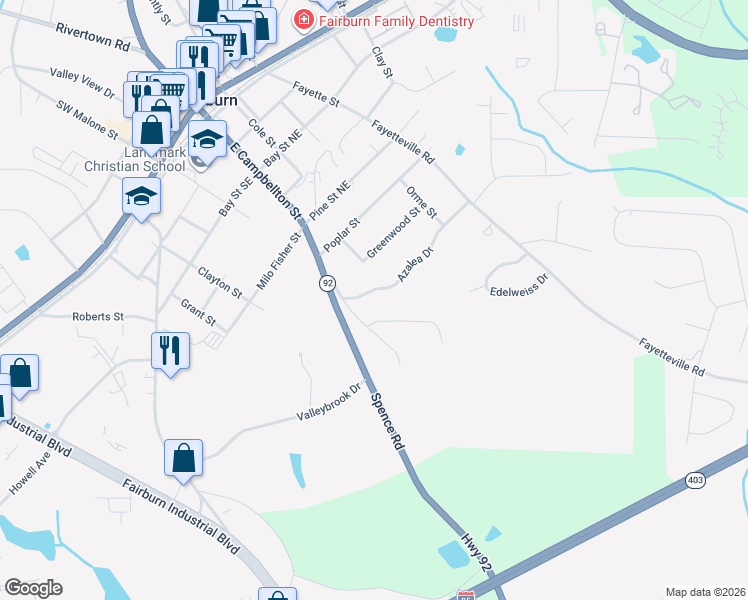 map of restaurants, bars, coffee shops, grocery stores, and more near 15 Azalea Drive in Fairburn