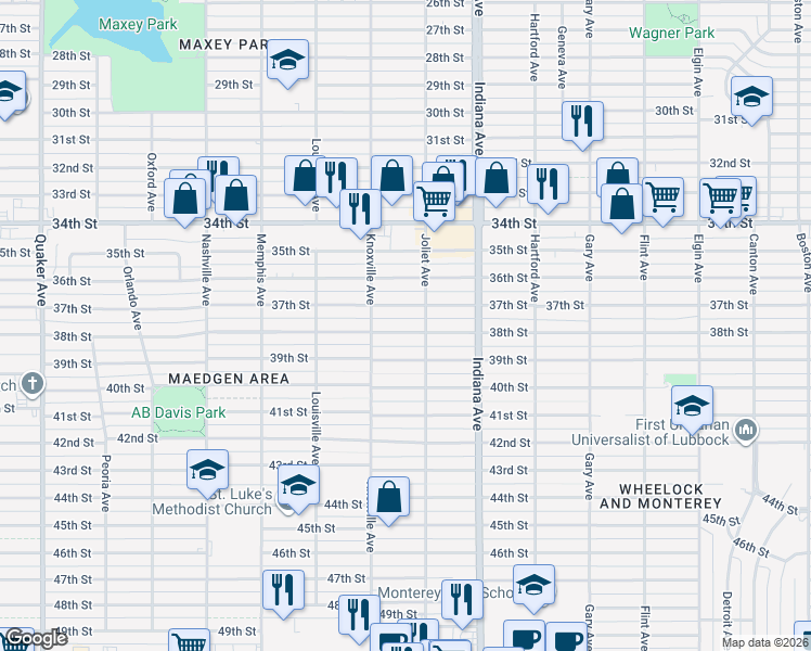 map of restaurants, bars, coffee shops, grocery stores, and more near 3508 38th Street in Lubbock