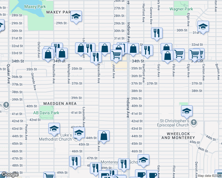map of restaurants, bars, coffee shops, grocery stores, and more near 3504 38th Street in Lubbock