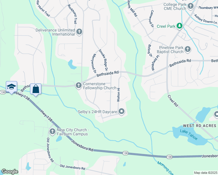 map of restaurants, bars, coffee shops, grocery stores, and more near 7215 Buck Creek Drive in Fairburn