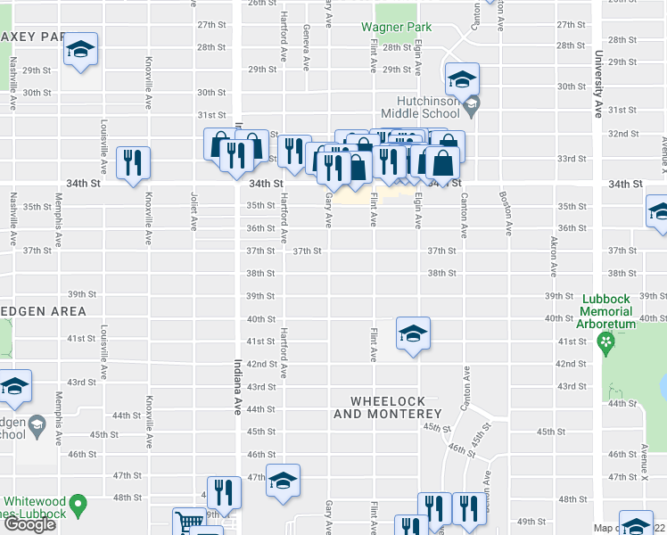 map of restaurants, bars, coffee shops, grocery stores, and more near 3128 38th Street in Lubbock