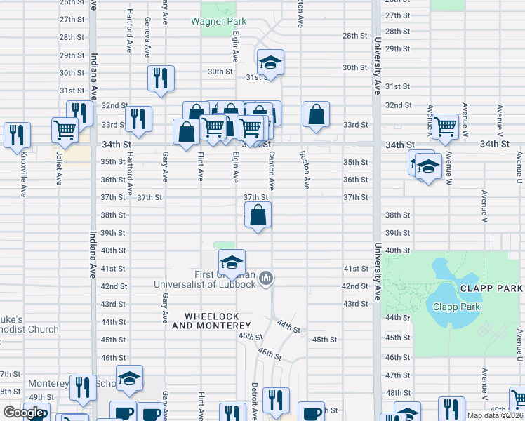 map of restaurants, bars, coffee shops, grocery stores, and more near 2801 38th Street in Lubbock