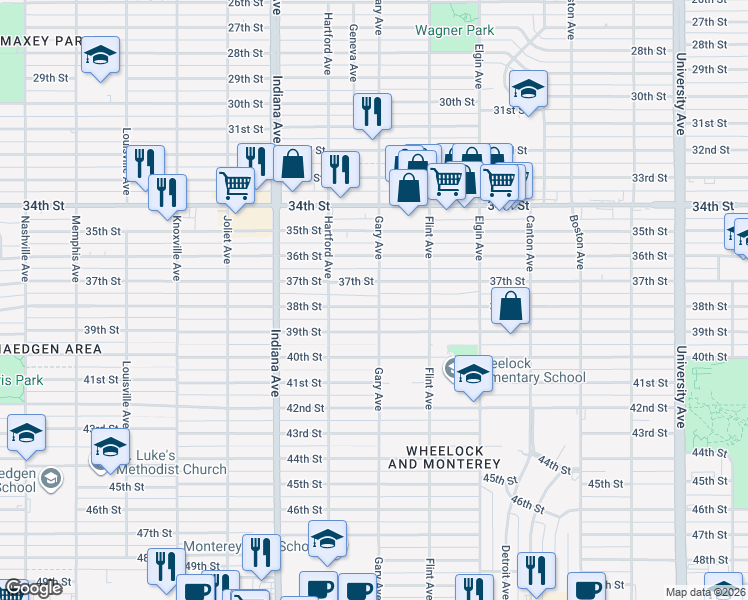 map of restaurants, bars, coffee shops, grocery stores, and more near 3202 38th Street in Lubbock