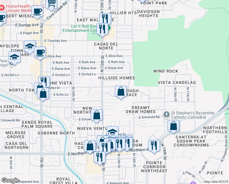 map of restaurants, bars, coffee shops, grocery stores, and more near 1246 East Echo Lane in Phoenix