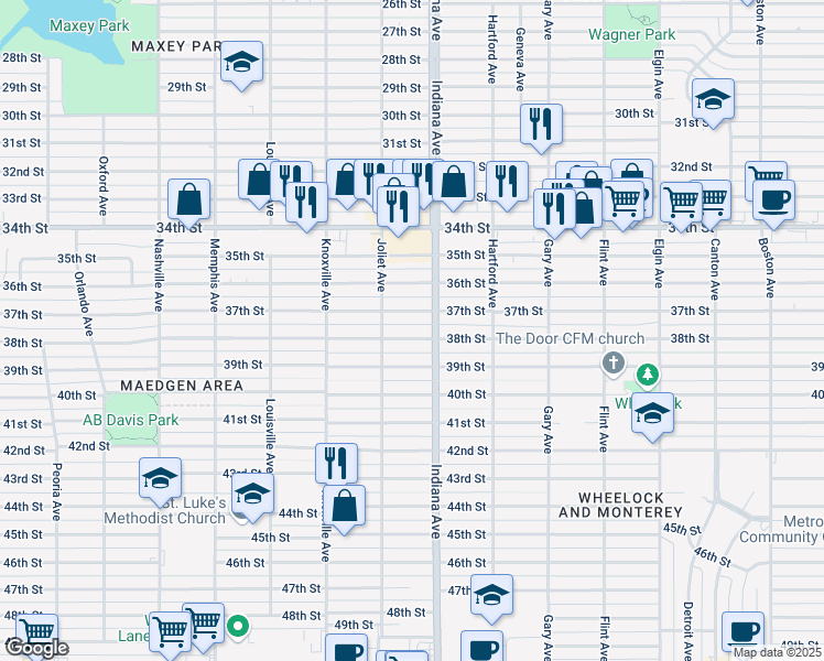 map of restaurants, bars, coffee shops, grocery stores, and more near 3409 38th Street in Lubbock