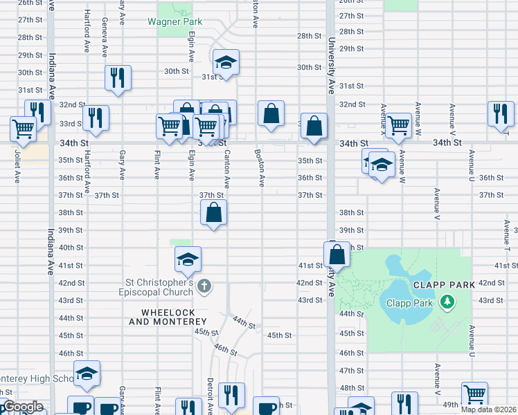 map of restaurants, bars, coffee shops, grocery stores, and more near 2705 38th Street in Lubbock