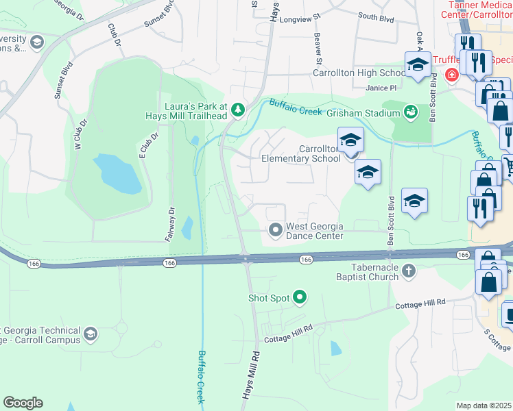 map of restaurants, bars, coffee shops, grocery stores, and more near 100 Greenway Parkway in Carrollton