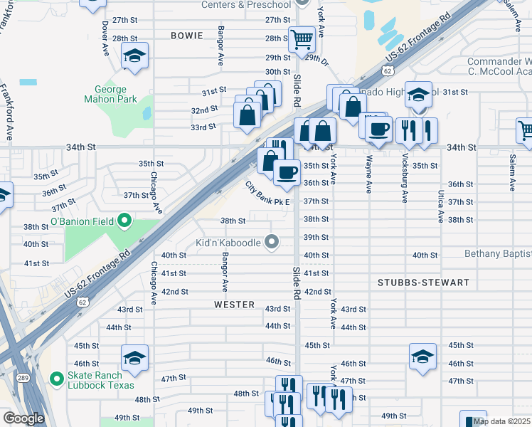 map of restaurants, bars, coffee shops, grocery stores, and more near 5304 38th Street in Lubbock