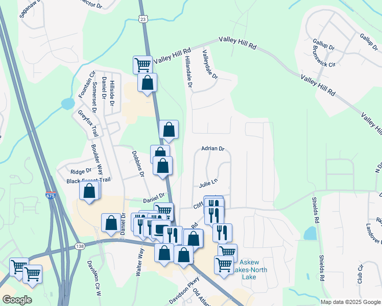 map of restaurants, bars, coffee shops, grocery stores, and more near 169 Adrian Drive in Stockbridge