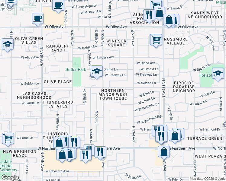 map of restaurants, bars, coffee shops, grocery stores, and more near 5424 West Laurie Lane in Glendale