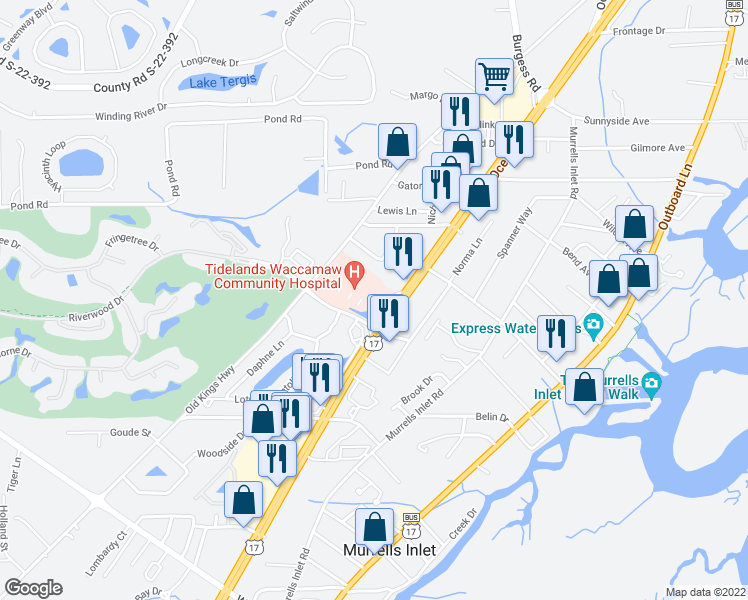 map of restaurants, bars, coffee shops, grocery stores, and more near 4070 Ocean Highway in Murrells Inlet
