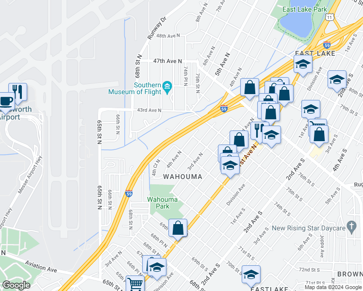 map of restaurants, bars, coffee shops, grocery stores, and more near 7304 4th Avenue North in Birmingham